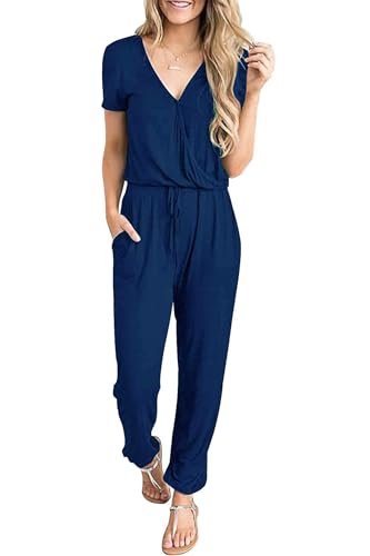 CLOUSPO Sommer Jumpsuit Damen Elegant Playsuit Casual Overall Kurzärmel Romper Verstellbarer Bund einfarbiger mit Taschen (Blau-a, S) von CLOUSPO
