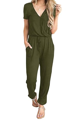 CLOUSPO Sommer Jumpsuit Damen Elegant Playsuit Casual Overall Kurzärmel Romper Verstellbarer Bund einfarbiger mit Taschen (Grün-a, XL) von CLOUSPO
