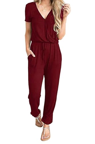 CLOUSPO Sommer Jumpsuit Damen Elegant Playsuit Casual Overall Kurzärmel Romper Verstellbarer Bund einfarbiger mit Taschen (Rot-a, M) von CLOUSPO