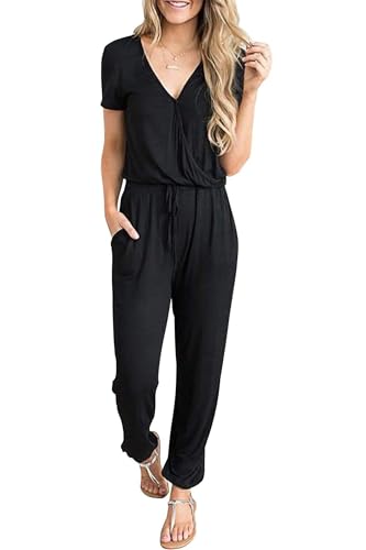 CLOUSPO Sommer Jumpsuit Damen Elegant Playsuit Casual Overall Kurzärmel Romper Verstellbarer Bund einfarbiger mit Taschen (Schwarz-a, M) von CLOUSPO