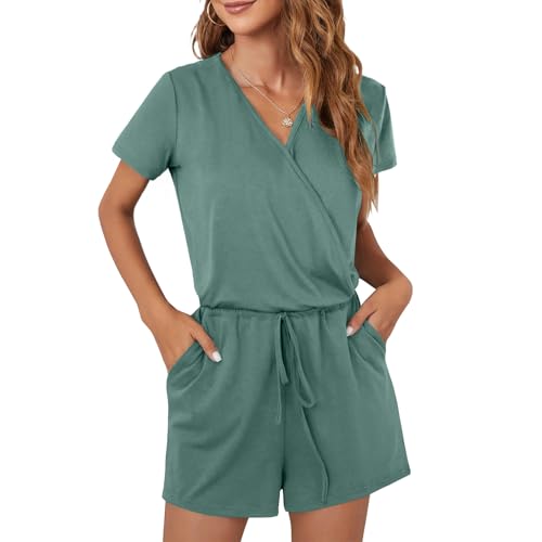 CLOUSPO Sommer Jumpsuit Damen Elegant Playsuit Casual Overall Kurzärmel Romper Verstellbarer elastischer Bund einfarbiger mit Taschen (Grün, XL) von CLOUSPO