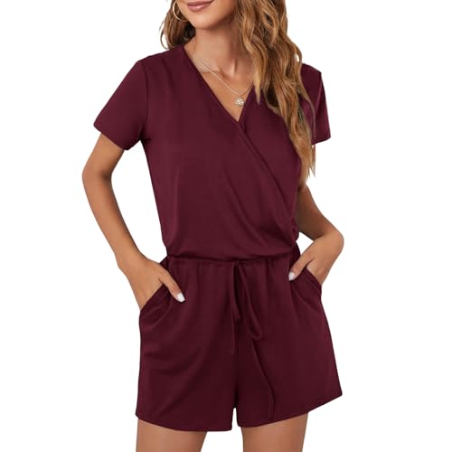 CLOUSPO Sommer Jumpsuit Damen Elegant Playsuit Casual Overall Kurzärmel Romper Verstellbarer elastischer Bund einfarbiger mit Taschen (Rot, M) von CLOUSPO