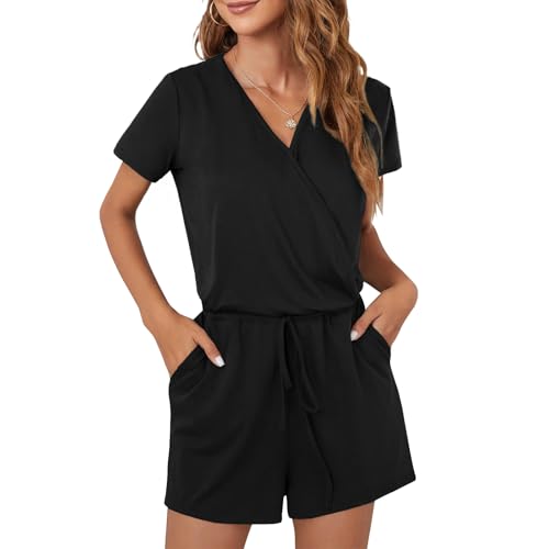 CLOUSPO Sommer Jumpsuit Damen Elegant Playsuit Casual Overall Kurzärmel Romper Verstellbarer elastischer Bund einfarbiger mit Taschen (Schwarz, L) von CLOUSPO