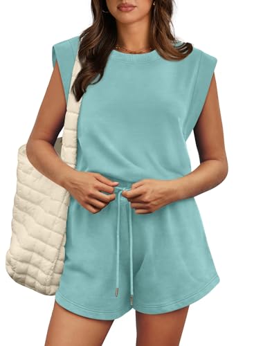 CLOUSPO Sommer Jumpsuit Damen Elegant Rundhals Playsuit Casual Overall Kurz Romper Kordelzug einfarbiger Kappenärmel Hosenanzug mit Taschen von CLOUSPO