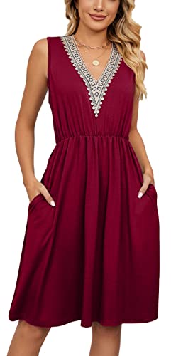 CLOUSPO Sommerkleid Damen Ärmellos A-Linie Kleider Damen mit V Ausschnitt Elegant Spitzen Kleid Swing Kleid mit Taschen(Rot,M) von CLOUSPO