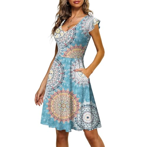 CLOUSPO Sommerkleid Damen Elegant Knielang Freizeit Kleider Rüschen Ärmel Strandkleid mit V Ausschnitt Midi Kleid A-Linie Tunikakleid mit Taschen für Strand Urlaub CLOUSPO Sommerkleid Damen Elegant Knielang Freizeit Kleider Rüschen Ärmel Strandkleid mit V Ausschnitt Midi Kleid A-Linie Tunikakleid mit Taschen für Strand Urlaub von CLOUSPO