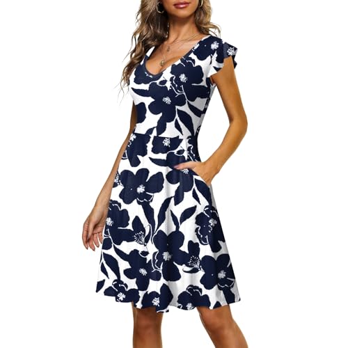 CLOUSPO Sommerkleid Damen Elegant Knielang Freizeit Kleider Rüschen Ärmel Strandkleid mit V Ausschnitt Midi Kleid A-Linie Tunikakleid mit Taschen für Strand Urlaub CLOUSPO Sommerkleid Damen Elegant Knielang Freizeit Kleider Rüschen Ärmel Strandkleid mit V Ausschnitt Midi Kleid A-Linie Tunikakleid mit Taschen für Strand Urlaub von CLOUSPO