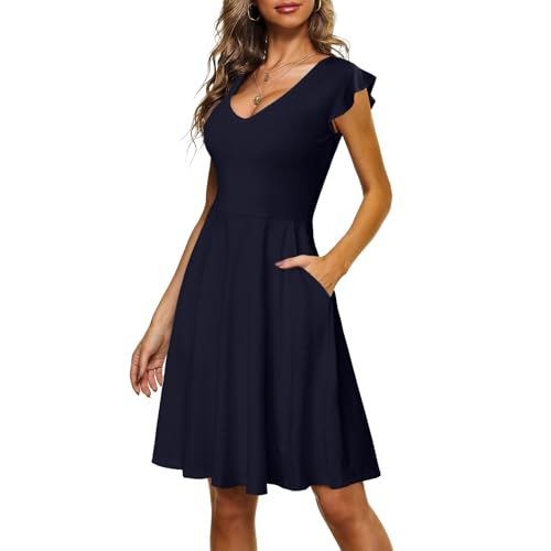 CLOUSPO Sommerkleid Damen Elegant Knielang Freizeit Kleider Rüschen Ärmel Strandkleid mit V Ausschnitt Midi Kleid A-Linie Tunikakleid mit Taschen für Strand Urlaub von CLOUSPO