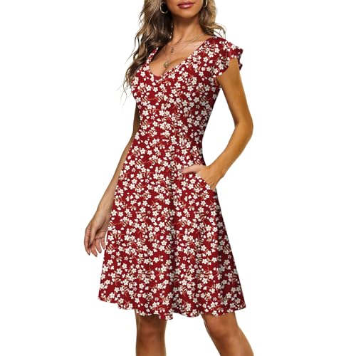 CLOUSPO Sommerkleid Damen Elegant Knielang Freizeit Kleider Rüschen Ärmel Strandkleid mit V Ausschnitt Midi Kleid A-Linie Tunikakleid mit Taschen für Strand Urlaub CLOUSPO Sommerkleid Damen Elegant Knielang Freizeit Kleider Rüschen Ärmel Strandkleid mit V Ausschnitt Midi Kleid A-Linie Tunikakleid mit Taschen für Strand Urlaub von CLOUSPO