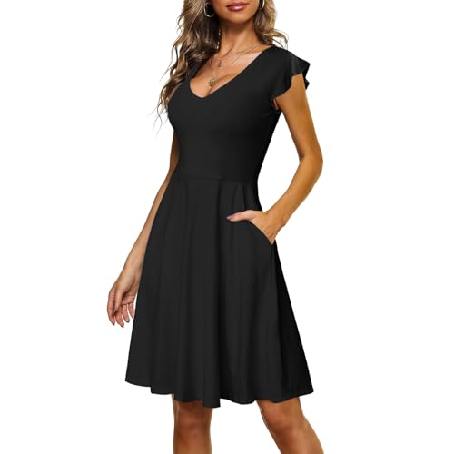 CLOUSPO Sommerkleid Damen Elegant Knielang Freizeit Kleider Rüschen Ärmel Strandkleid mit V Ausschnitt Midi Kleid A-Linie Tunikakleid mit Taschen für Strand Urlaub von CLOUSPO