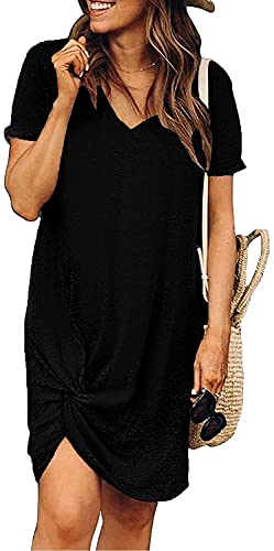 CLOUSPO Sommerkleid Damen Elegant Kurzarm Elegant V-Ausschnitt Strandkleider Einfarbig Party Kurze Knielang Casual Freizeit Kleider（Schwarz，S） von CLOUSPO