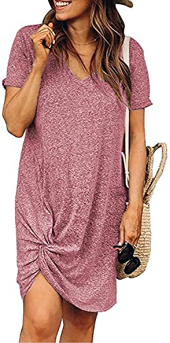 CLOUSPO Sommerkleid Damen Elegant Kurzarm Elegant V-Ausschnitt Strandkleider Einfarbig Party Kurze Knielang Casual Freizeit Kleider（Weinrot，L） von CLOUSPO