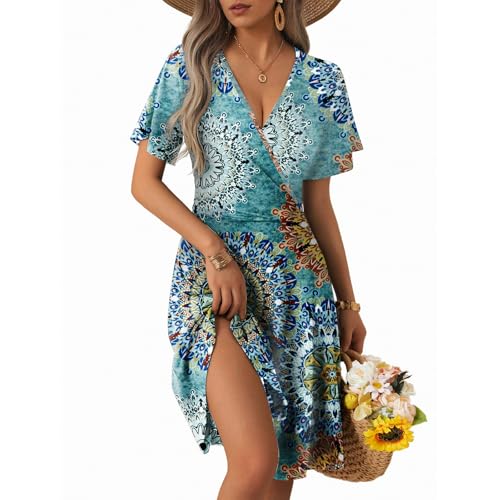 CLOUSPO Sommerkleid Damen Elegant Kurzarm Freizeit Kleider Strandkleid mit V Ausschnitt Midi Summer Dress Knielang A-Linie Tunika Kleid mit Taschen für Strand von CLOUSPO