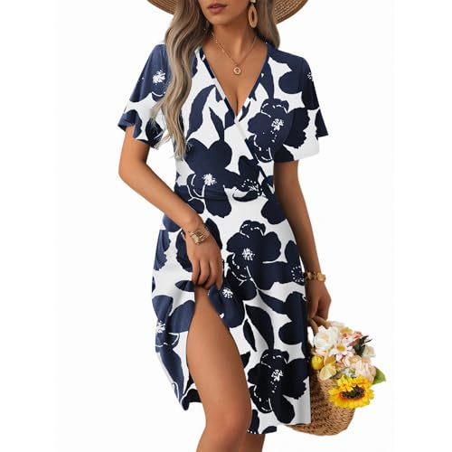 CLOUSPO Sommerkleid Damen Elegant Kurzarm Freizeit Kleider Strandkleid mit V Ausschnitt Midi Summer Dress Knielang A-Linie Tunika Kleid mit Taschen für Strand von CLOUSPO
