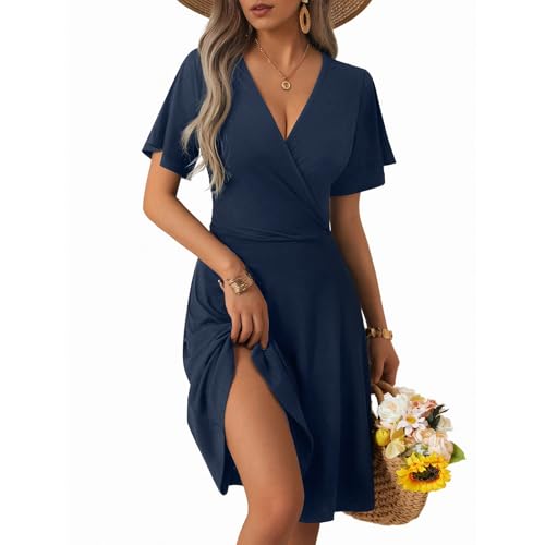 CLOUSPO Sommerkleid Damen Elegant Kurzarm Freizeit Kleider Strandkleid mit V Ausschnitt Midi Summer Dress Knielang A-Linie Tunika Kleid mit Taschen für Strand von CLOUSPO