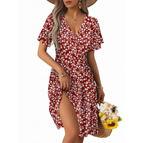 CLOUSPO Sommerkleid Damen Elegant Kurzarm Freizeit Kleider Strandkleid mit V Ausschnitt Midi Summer Dress Knielang A-Linie Tunika Kleid mit Taschen für Strand von CLOUSPO