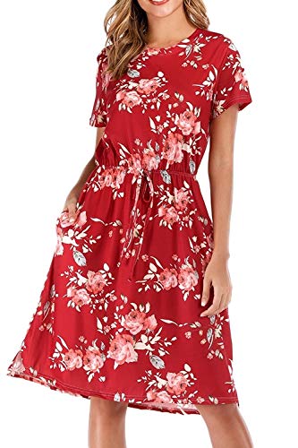 CLOUSPO Sommerkleid Damen Elegant Kurzarm Rundhals Knielang Blumenkleid Strandkleid (Large, Rot) von CLOUSPO