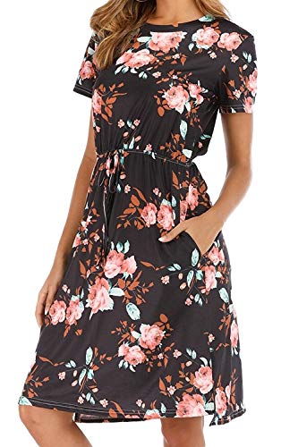 CLOUSPO Sommerkleid Damen Elegant Kurzarm Rundhals Knielang Blumenkleid Strandkleid (Large, Schwarz) von CLOUSPO