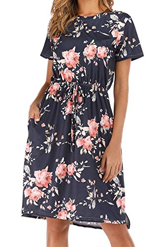 CLOUSPO Sommerkleid Damen Elegant Kurzarm Rundhals Knielang Blumenkleid Strandkleid (Medium, Dunkelblau) von CLOUSPO