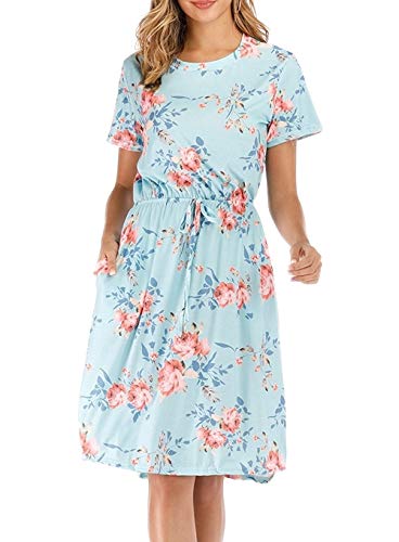 CLOUSPO Sommerkleid Damen Elegant Kurzarm Rundhals Knielang Blumenkleid Strandkleid (Medium, Hellblau) von CLOUSPO