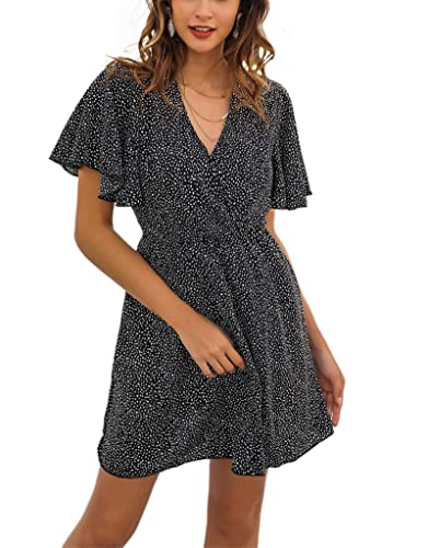 CLOUSPO Sommerkleid Damen Knielang Strandkleid V Ausschnitt Kleid Damen A-Linie Elegant Freizeit Kleid für Sommer Strand (Schwarz,M) von CLOUSPO