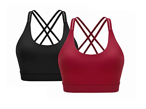 CLOUSPO Sport BH Damen Bequem Sports BH Yoga Bra ohne Bügel mit Gekreuzt Rücken Design für Yoga Jogging Fitness 2er Pack(Sxhwarz/Rot,M) von CLOUSPO