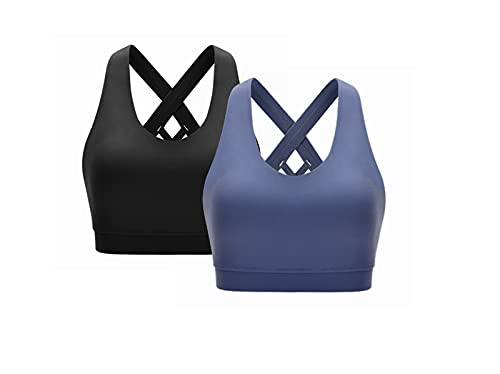 CLOUSPO Sport BH Damen Gekreuzt Rücken Yoga Bra ohne Bügel Gepolstert Sport Bra für Yoga Laufen Jogging Fitness 2er Pack (Schwarz/Blau,L) von CLOUSPO