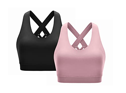 CLOUSPO Sport BH Damen Gekreuzt Rücken Yoga Bra ohne Bügel Gepolstert Sport Bra für Yoga Laufen Jogging Fitness 2er Pack (Schwarz/Llia,M) von CLOUSPO