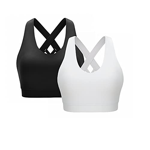 CLOUSPO Sport BH Damen Gekreuzt Rücken Yoga Bra ohne Bügel Gepolstert Sport Bra für Yoga Laufen Jogging Fitness 2er Pack (Schwarz/Weiß,L) von CLOUSPO