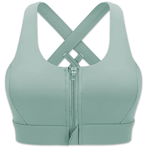 CLOUSPO Sport BH Damen Vorderverschluss Gepolstert Yoga BH Starker Halt Nach der Operation tragbarer Bra ohne Bügel für Laufen Jogging Fitness Yoga (L, Grün) von CLOUSPO