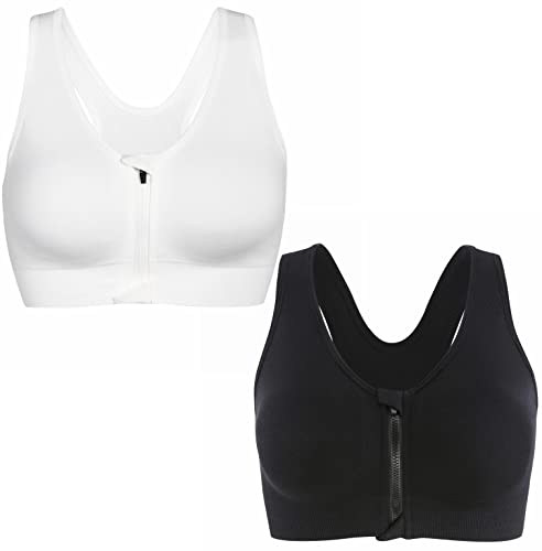 CLOUSPO Sport BH Post OP BH Reißverschluss Vorne Drahtlose mit Abnehmbare Pads Yoga BH für Workout Fitness, schwarz/weiß, Large von CLOUSPO