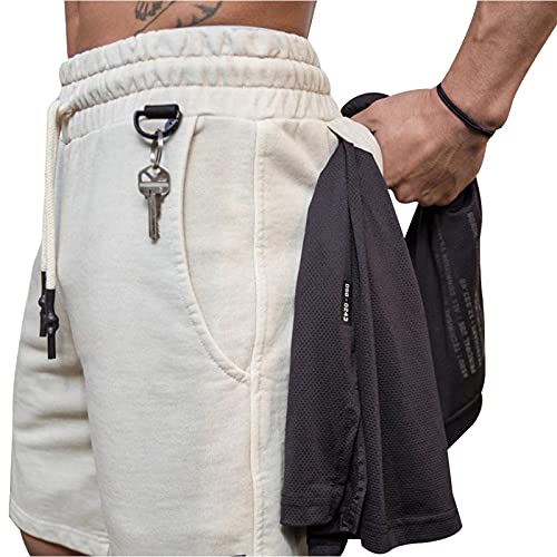 CLOUSPO Sporthose Kurz Herren mit Reißverschlusstasche mit Schlüsselbund Gym Sport Laufshorts Trainingshose Sweatshorts für Fitness Joggen (Beige, L) von CLOUSPO