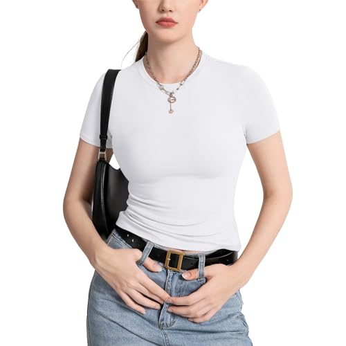 CLOUSPO Tshirt Damen Kurzarm Rundhalsausschnitt Schlanke Slim fit Short Sleeve Passform Gestrickt Einfarbig Enge Oberteile Sommer Tops Y2K Basic Shirts Weiß S von CLOUSPO