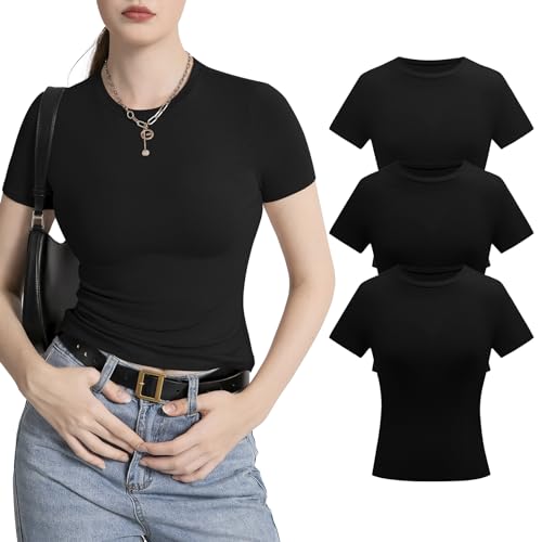 CLOUSPO Tshirt Damen Kurzarm Rundhalsausschnitt Schlanke Slim fit Short Sleeve Passform Gestrickt Einfarbig Enge Oberteile Sommer Tops Y2K Basic Shirts 3per Schwarz L von CLOUSPO
