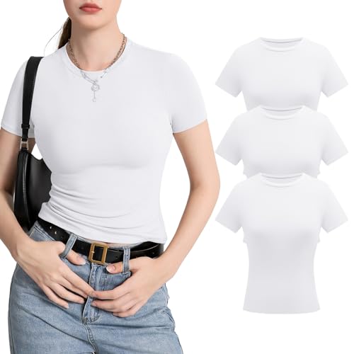 CLOUSPO Tshirt Damen Kurzarm Rundhalsausschnitt Schlanke Slim fit Short Sleeve Passform Gestrickt Einfarbig Enge Oberteile Sommer Tops Y2K Basic Shirts 3per Weiß M von CLOUSPO