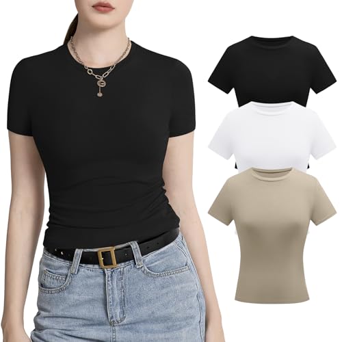 CLOUSPO Tshirt Damen Kurzarm Rundhalsausschnitt Schlanke Slim fit Short Sleeve Passform Gestrickt Einfarbig Enge Oberteile Sommer Tops Y2K Basic Shirts 3per XL von CLOUSPO