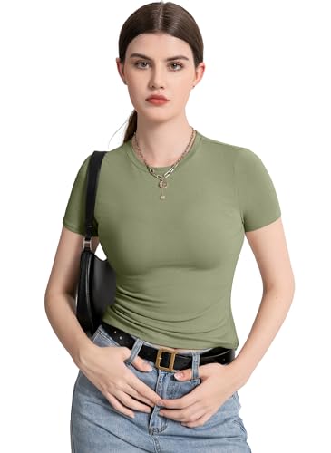 CLOUSPO Tshirt Damen Kurzarm Rundhalsausschnitt Schlanke Slim fit Short Sleeve Passform Gestrickt Einfarbig Enge Oberteile Sommer Tops Y2K Basic Shirts Himmelgrün XL von CLOUSPO