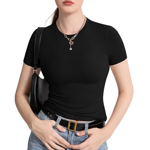 CLOUSPO Tshirt Damen Kurzarm Rundhalsausschnitt Schlanke Slim fit Short Sleeve Passform Gestrickt Einfarbig Enge Oberteile Sommer Tops Y2K Basic Shirts Schwarz s von CLOUSPO