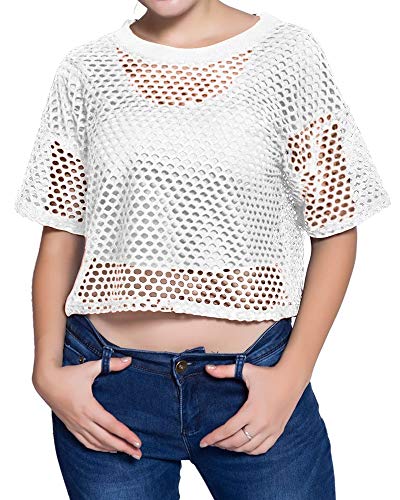 CLOZOZ Damen Mesh Crop Top Durchsichtig Fischnetz Shirt Rundhals Sheer Cover Up, 1-weiß, Klein von CLOZOZ