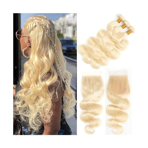 Haarverlängerungen 613 Blonde Bundles mit Spitze Frontal Körperwelle Brasilianische Menschliche Haarwebart Welle Lockiges Remy Haar Bundles mit Verschluss for Schwarze Frauen Echthaarbündel(4" x 4",12 von CLQYXRMVC