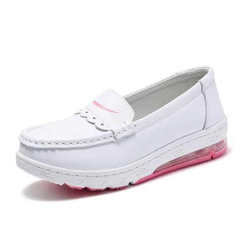 CLSQLXYJZC Damen Arbeitsschuhe Aus Leder Mit Weiter Passform Und Luftpolsterung, Atmungsaktive Krankenschwester-Wanderschuhe, Modische Slip-On rutschfeste Walking Plateau Schuhe(White pink,35 EU) von CLSQLXYJZC
