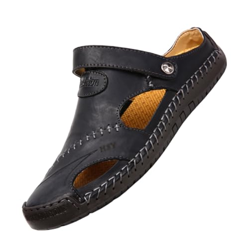 CLSQLXYJZC Herren-Sportsandalen Aus Leder Mit Hohlsohle, Herren-Sommer-Strandsandalen In Übergröße Mit Geschlossener Zehenpartie Und Fußgewölbeunterstützung, Rutschfeste Weiche(Black,48 EU) von CLSQLXYJZC