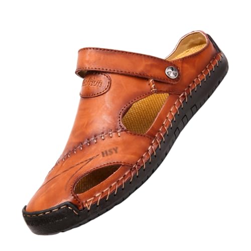 CLSQLXYJZC Herren-Sportsandalen Aus Leder Mit Hohlsohle, Herren-Sommer-Strandsandalen In Übergröße Mit Geschlossener Zehenpartie Und Fußgewölbeunterstützung, Rutschfeste Weiche(Reddish-brown,42 EU) von CLSQLXYJZC
