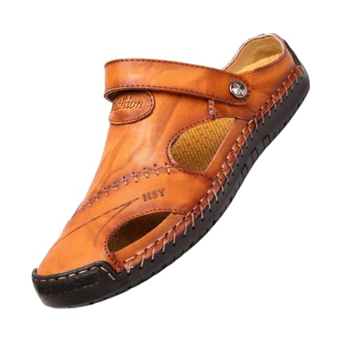 CLSQLXYJZC Herren-Sportsandalen Aus Leder Mit Hohlsohle, Herren-Sommer-Strandsandalen In Übergröße Mit Geschlossener Zehenpartie Und Fußgewölbeunterstützung, Rutschfeste Weiche(Yellow-brown,47 EU) von CLSQLXYJZC