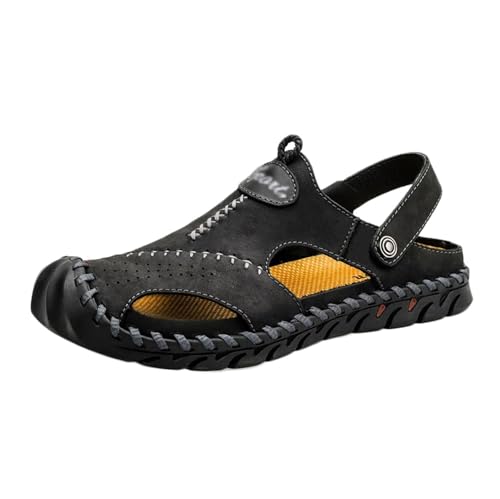 CLSQLXYJZC Herren-Sportsandalen Aus Leder Mit Hohlsohle, Übergröße Geschlossene Zehenpartie Verstellbarer Fersenriemen Wander-und Strandsandalen Für Herren(Black,46 EU) von CLSQLXYJZC