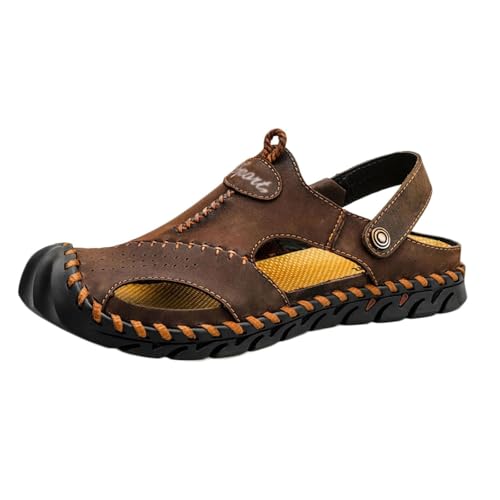 CLSQLXYJZC Herren-Sportsandalen Aus Leder Mit Hohlsohle, Übergröße Geschlossene Zehenpartie Verstellbarer Fersenriemen Wander-und Strandsandalen Für Herren(Dark brown,46 EU) von CLSQLXYJZC
