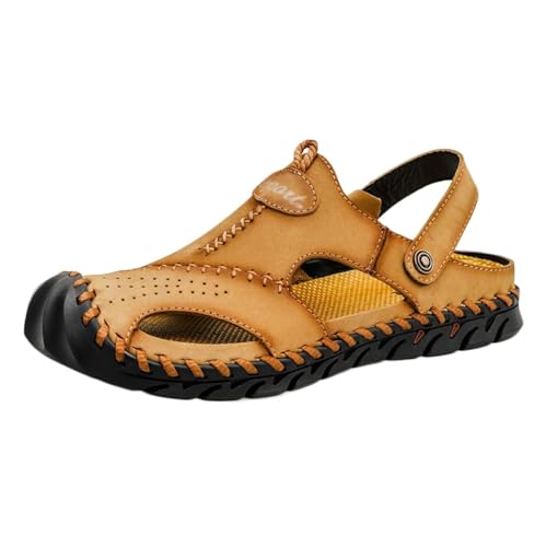 CLSQLXYJZC Herren-Sportsandalen Aus Leder Mit Hohlsohle, Übergröße Geschlossene Zehenpartie Verstellbarer Fersenriemen Wander-und Strandsandalen Für Herren(Khaki,38 EU) von CLSQLXYJZC