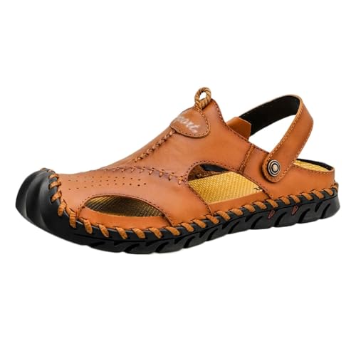 CLSQLXYJZC Herren-Sportsandalen Aus Leder Mit Hohlsohle, Übergröße Geschlossene Zehenpartie Verstellbarer Fersenriemen Wander-und Strandsandalen Für Herren(Light brown,46 EU) von CLSQLXYJZC