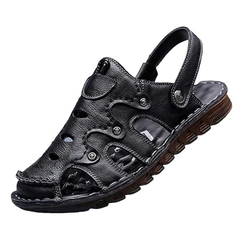 CLSQLXYJZC Herren-Strandsandale Für Den Außenbereich, Geschlossene Strandsandalen Mit Atmungsaktiver Fußgewölbeunterstützung Für Herren, Sommersandalen Verstellbare Flache Arbeitsschuhe(Black,44 EU) von CLSQLXYJZC
