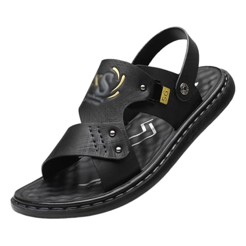 CLSQLXYJZC Herren-Strandschuhe In Übergröße, Herren-Sandalen Aus Leder Mit Weicher Sohle Offener Zehenpartie Fußgewölbeunterstützung Verstellbar Atmungsaktiv(A Black,42 EU) von CLSQLXYJZC